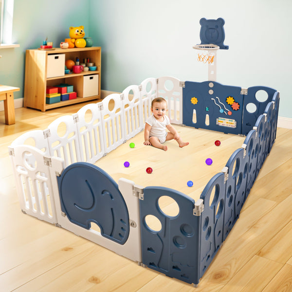 Baybee 2-in-1 Foldable Kids Playpen with Basketball Set & Sensory Toys Baby Play Yard with Safety Lock for 0-5 Years (18 Panel)
