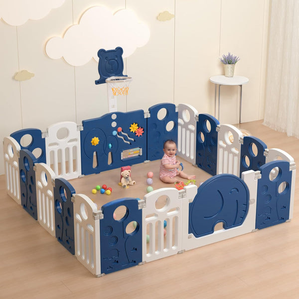 Baybee 2-in-1 Foldable Kids Playpen with Basketball Set & Sensory Toys Baby Play Yard with Safety Lock for 0-5 Years (16 Panel)
