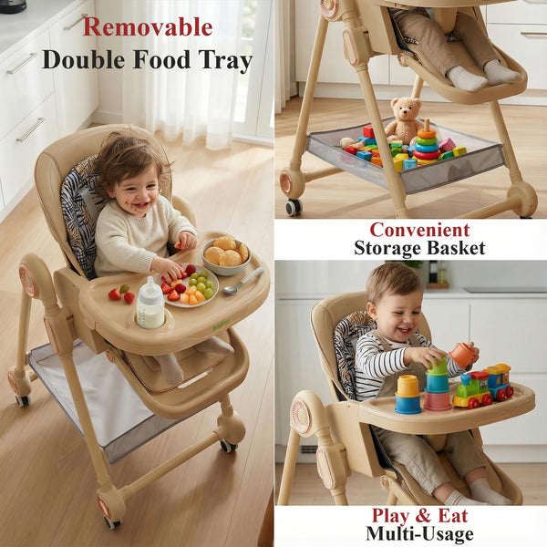 Baybee 3-in-1 Baby High Chair with Removable Double Food Tray, Reclining Seat