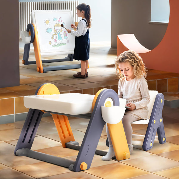 Baybee 6 in 1 Kids Study Table and Chair Set, Foldable, Anti Slip, Dual-Sided Tabletop